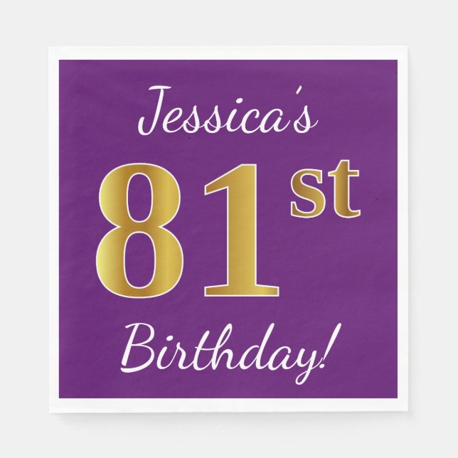 Serviette En Papier Purple, Faux Gold 81ème anniversaire + Nom personn (Devant)