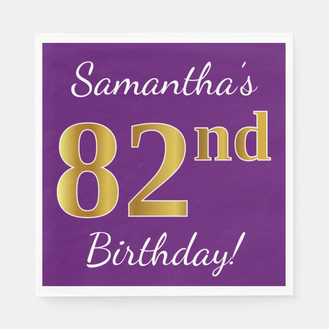 Serviette En Papier Purple, Faux Gold 82e anniversaire + Nom personnal (Devant)