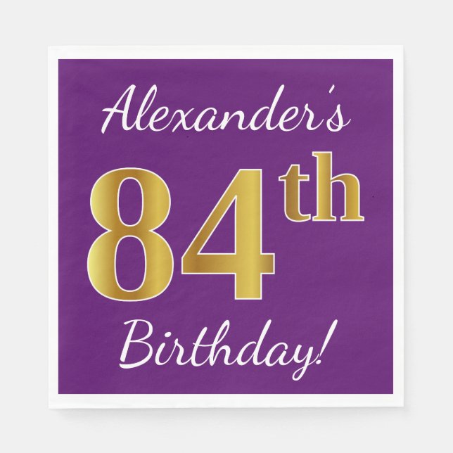 Serviette En Papier Purple, Faux Gold 84e anniversaire + Nom personnal (Devant)