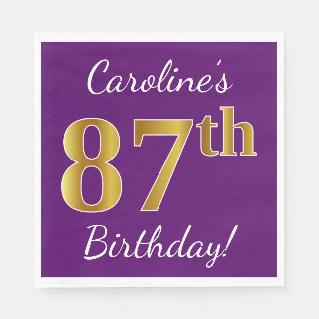 Serviette En Papier Purple, Faux Gold 87e anniversaire + Nom personnal (Devant)