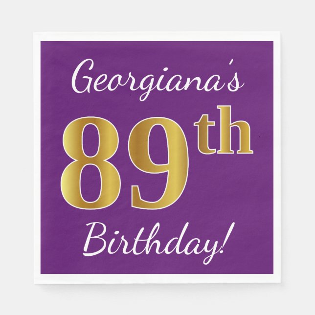 Serviette En Papier Purple, Faux Gold 89e anniversaire + Nom personnal (Devant)