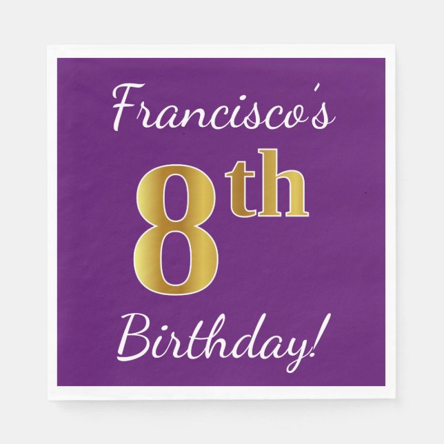 Serviette En Papier Purple, Faux Gold 8e anniversaire + Nom personnali (Devant)