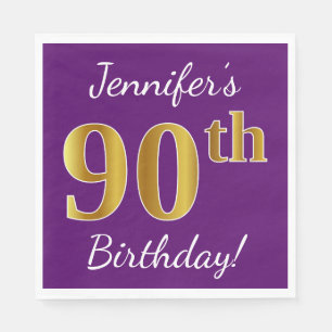 Serviette En Papier Purple, Faux Gold 90e anniversaire + Nom personnal