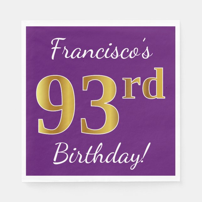 Serviette En Papier Purple, Faux Gold 93ème anniversaire + Nom personn (Devant)