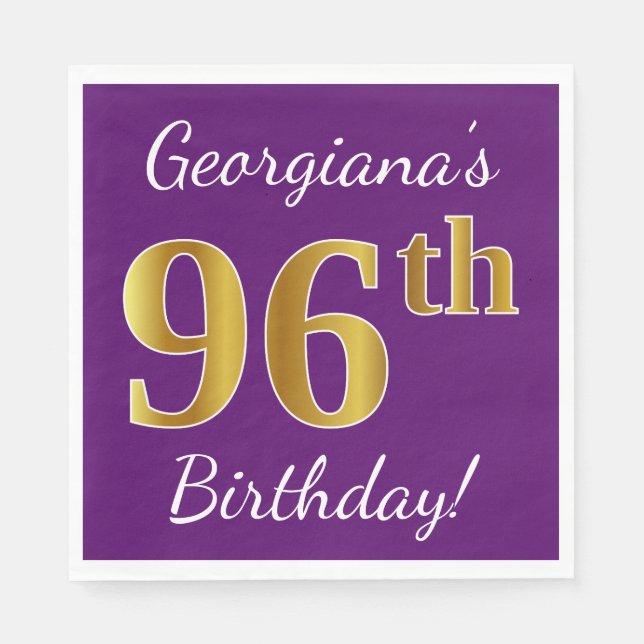 Serviette En Papier Purple, Faux Gold 96e anniversaire + Nom personnal (Devant)