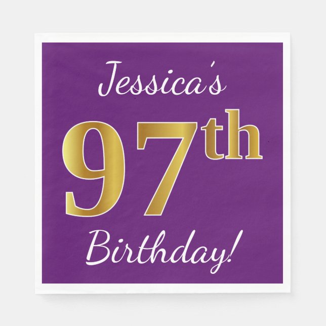 Serviette En Papier Purple, Faux Gold 97e anniversaire + Nom personnal (Devant)