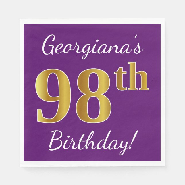 Serviette En Papier Purple, Faux Gold 98e anniversaire + Nom personnal (Devant)