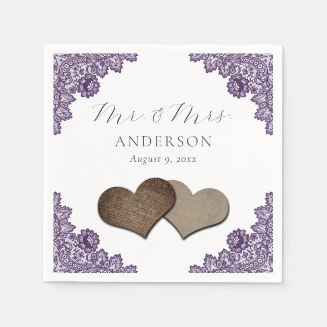 Serviette En Papier Purple Floral Lace Burlap Hearts Mr & Mrs Wedding (Devant)