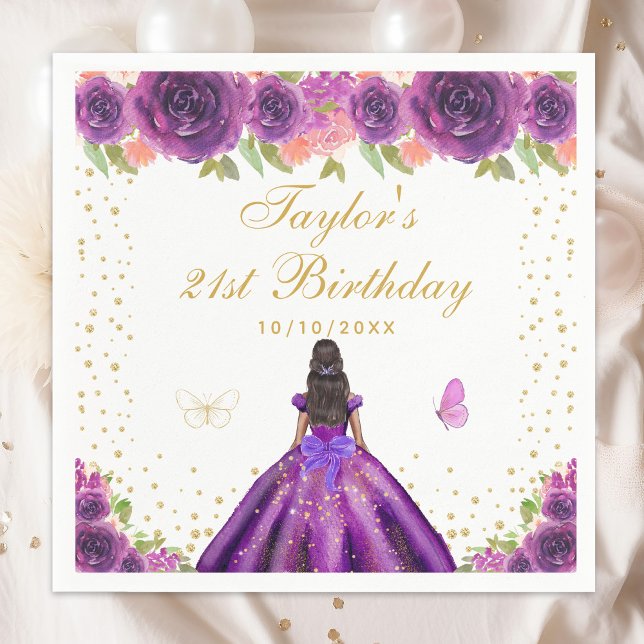 Serviette En Papier Purple Floral Peau foncée Princesse Anniversaire (Créateur téléchargé)