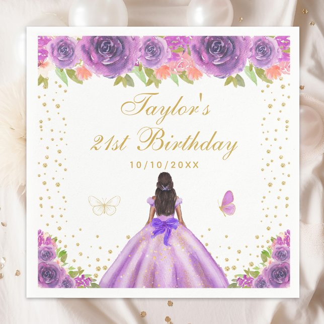 Serviette En Papier Purple Floral Peau foncée Princesse Anniversaire (Créateur téléchargé)