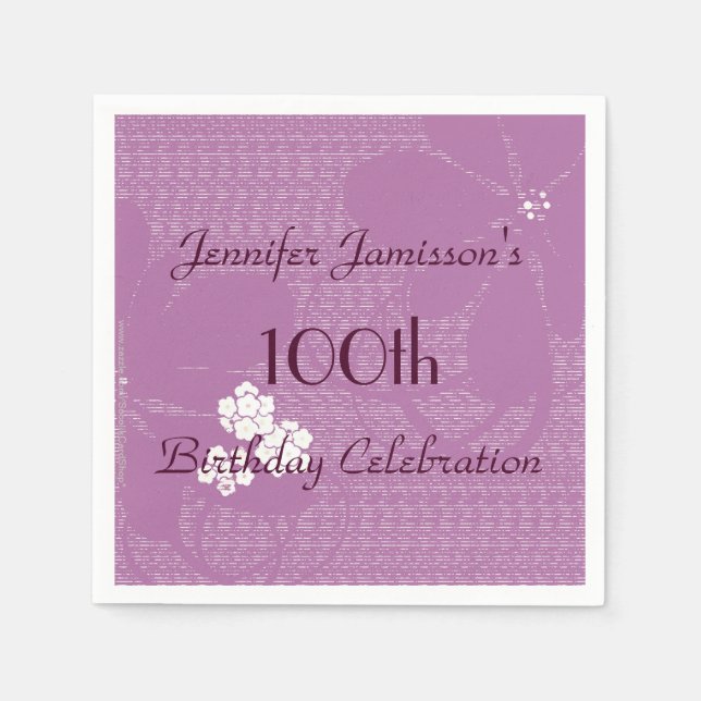 Serviette En Papier Purple Floral Personnalisé 100ème anniversaire (Devant)
