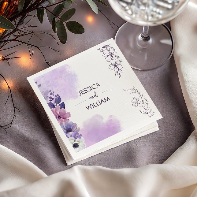 Serviette En Papier Purple Floral Wedding Napkins (Créateur téléchargé)