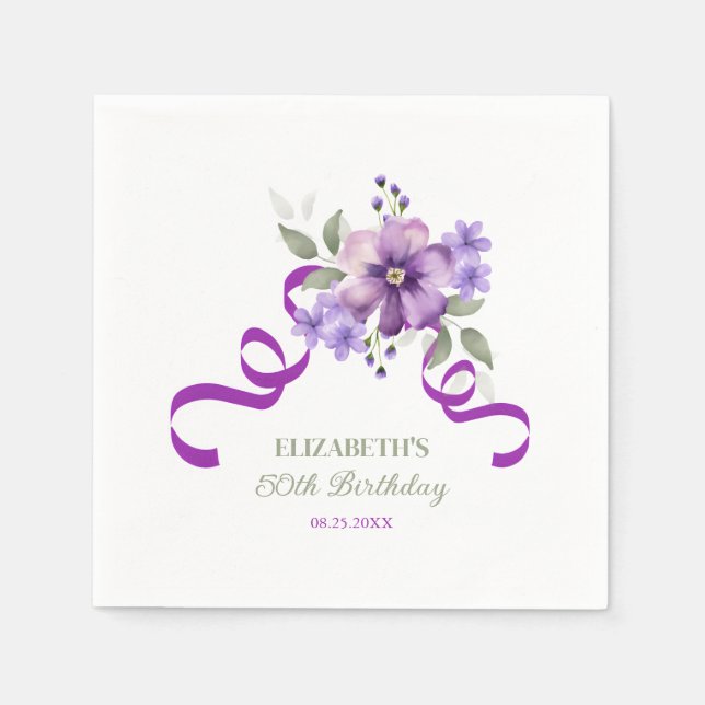 Serviette En Papier Purple Flower Greenery Ribbon Birthday (Devant)