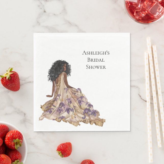 Serviette En Papier Purple Gold Iris Fête des mariées Florale Black Wo (En situation)