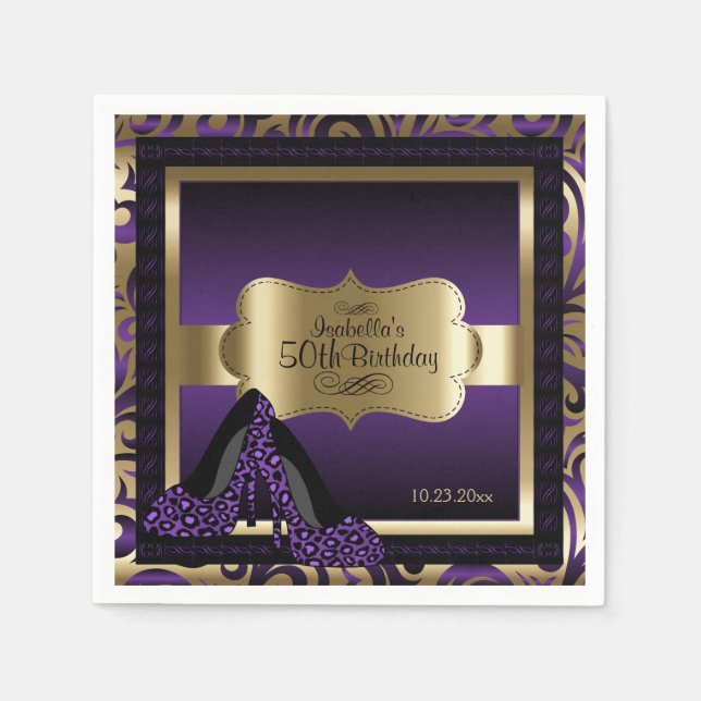 Serviette En Papier Purple & Gold Metallic - 50e anniversaire | Texte  (Devant)