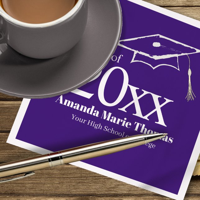 Serviette En Papier Purple Graduation Cap Class of 20XX Name (Celebrate your grad in style with a custom purple Class of 20XX party napkin.)