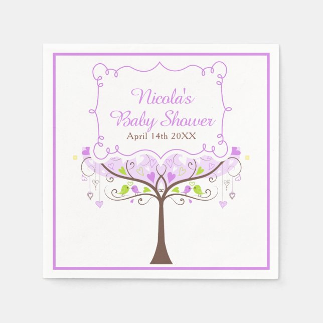 Serviette En Papier Purple & Green Floral Bird Baby Shower  (Devant)