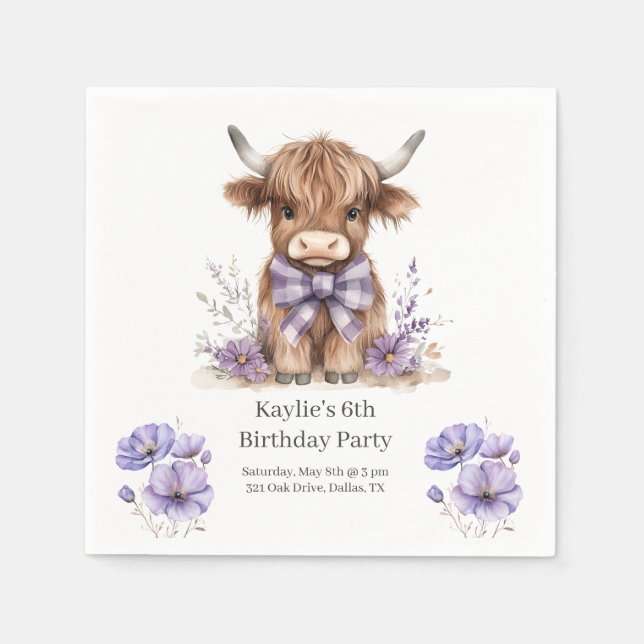 Serviette En Papier Purple Highland Cow fête d'anniversaire (Devant)
