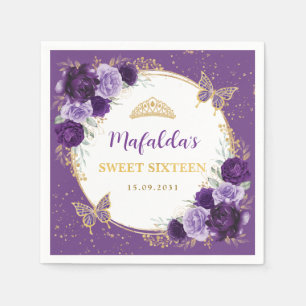 Serviette En Papier Purple Lilac Gold Floral Sweet 16 Anniversaire