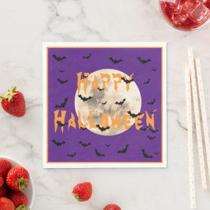 Serviette En Papier Purple Orange Happy Halloween chauves-souris Lune