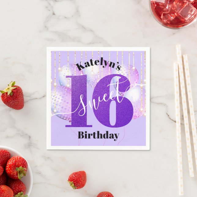 Serviette En Papier Purple Parties scintillant Sweet 16 Ballons d'anni (En situation)