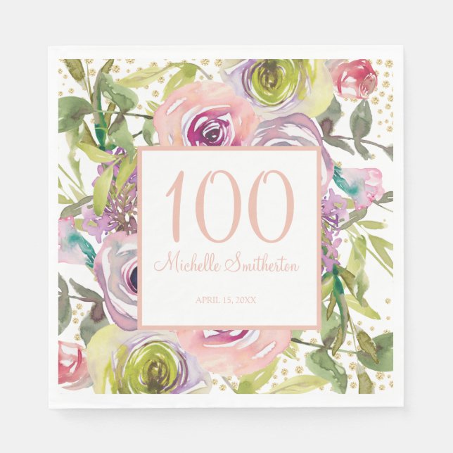 Serviette En Papier Purple rose Floral Parties scintillant or 100e ann (Devant)