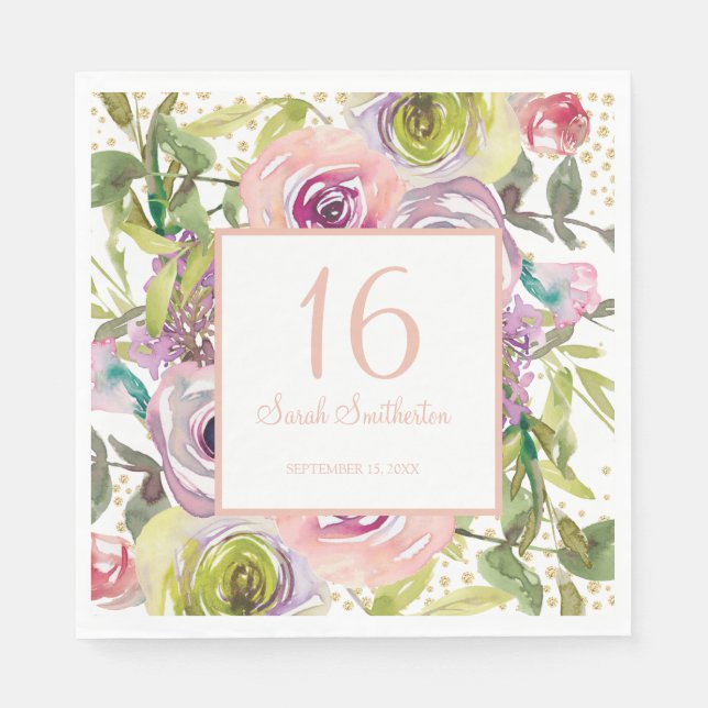 Serviette En Papier Purple rose Floral Parties scintillant or 16e anni (Devant)