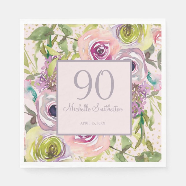 Serviette En Papier Purple rose Floral Parties scintillant or 90e anni (Devant)