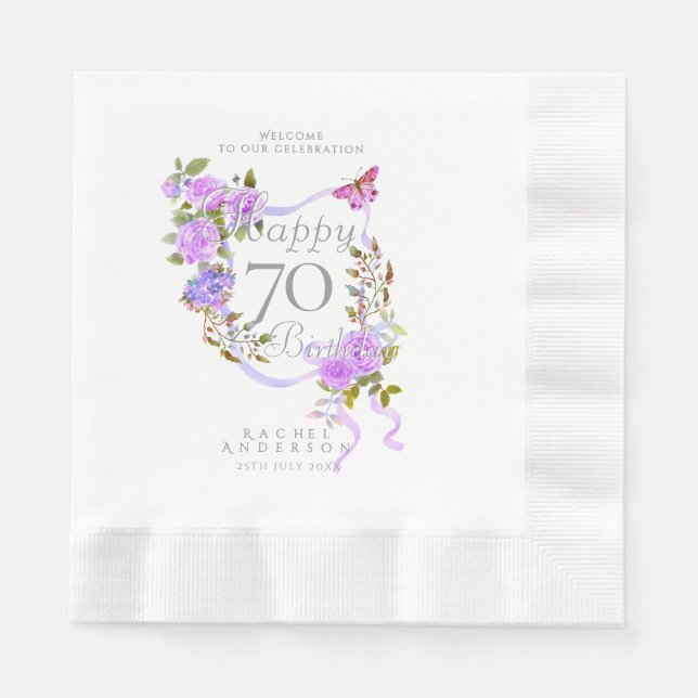 Serviette En Papier Purple Rose Ribbon 70th Birthday (Devant)