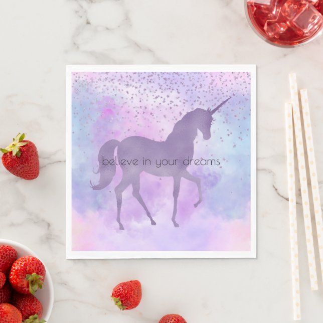 Serviette En Papier Purple Stars Confetti Aquarelle Unicorne (En situation)