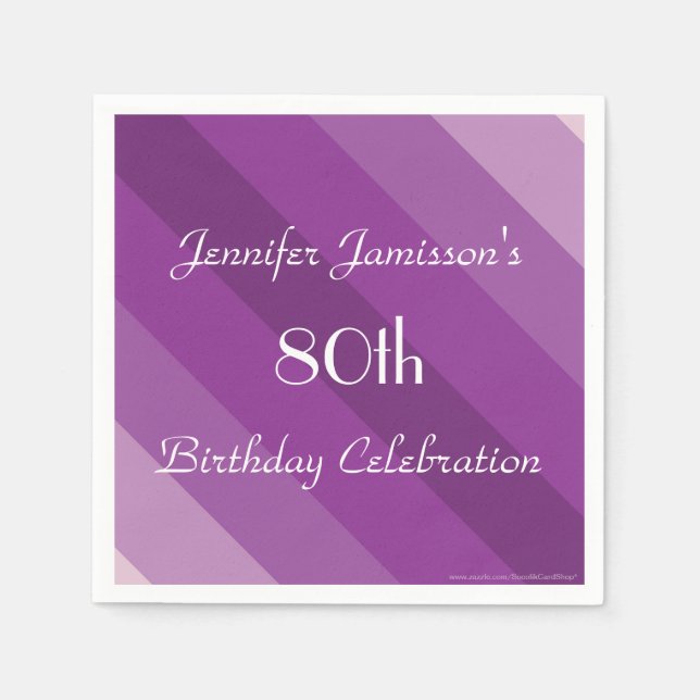Serviette En Papier Purple Stripe 80e Anniversaire Papier de fête (Devant)