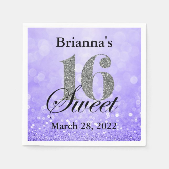 Serviette En Papier Purple Sweet 16 Parties scintillant d'argent perso (Devant)