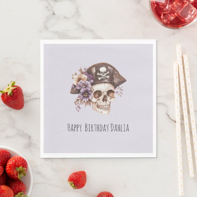 Serviette En Papier Purple Tan Floral Skull Birthday (En situation)