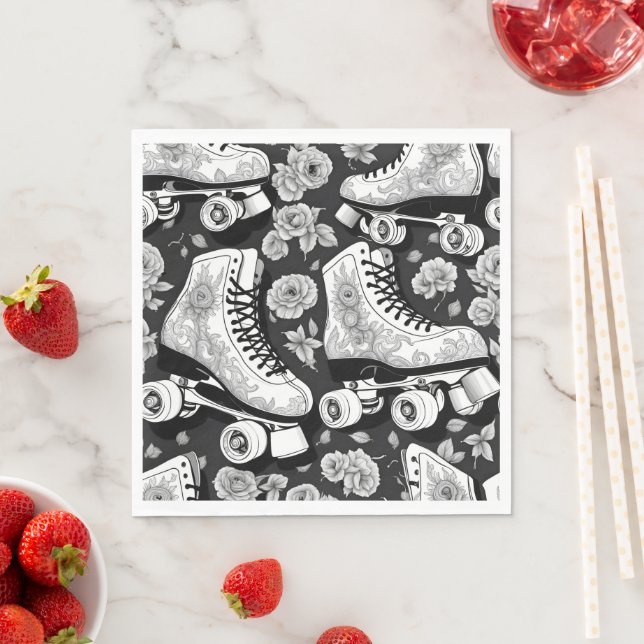 Serviette En Papier Quad skates, rose, noir et blanc design. (En situation)