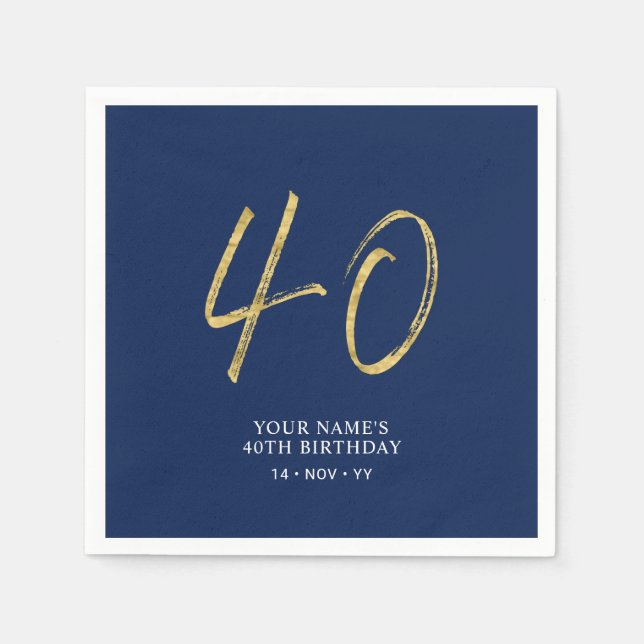 Serviette En Papier Quarante | Gold & Navy Blue Lettering 40th Birthda (Devant)