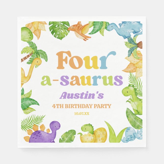 Serviette En Papier Quatre A-Saurus Dinosaur 4e fête d'anniversaire (Devant)
