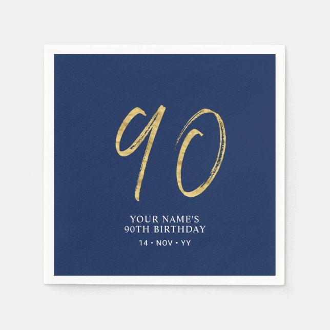 Serviette En Papier Quatre-vingts | Gold & Navy Blue Lettering 90th Bi (Devant)