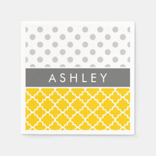 Serviette En Papier Quatrefoil jaune et motif de point gris de polka