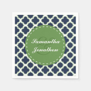 Serviette En Papier Quatrefoil Motif Marine & Green Custom Wedding