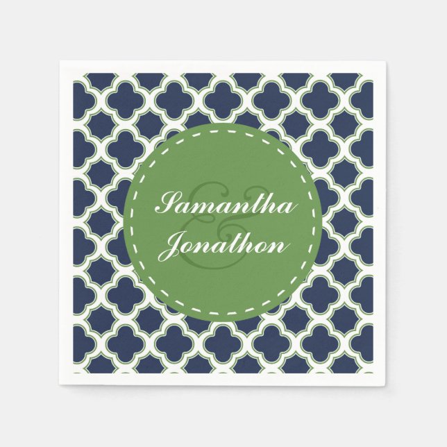 Serviette En Papier Quatrefoil Motif Marine & Green Custom Wedding (Devant)