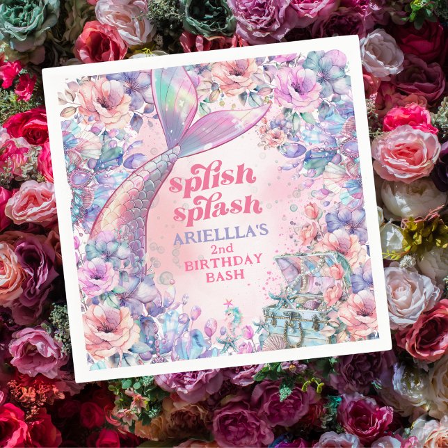 Serviette En Papier Queue de sirène pailletée de fleurs pour 2e annive (Créateur téléchargé)