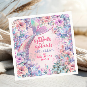 Serviette En Papier Queue de sirène pailletée de fleurs pour 4ème anni