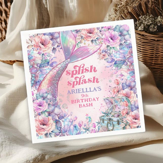 Serviette En Papier Queue de sirène pailletée Fleur 9e Anniversaire (Créateur téléchargé)