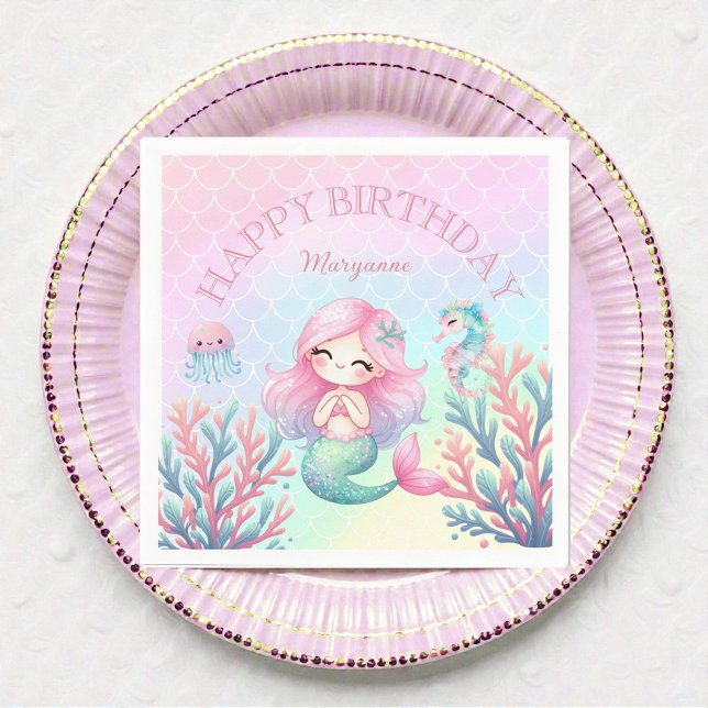 Serviette En Papier Queue de sirène sarcelle rose Fête d'anniversaire  (Créateur téléchargé)
