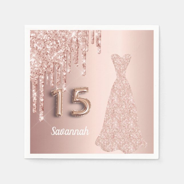 Serviette En Papier Quinceanera 15e anniversaire rose gouttes parties  (Devant)