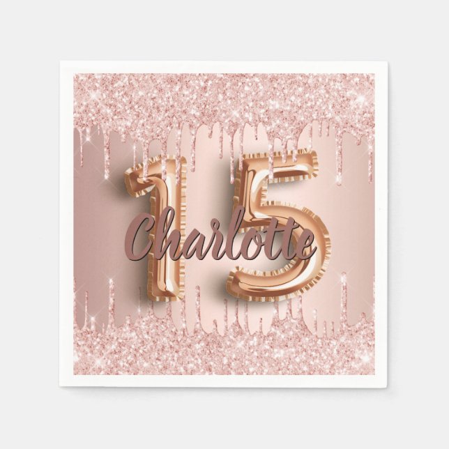 Serviette En Papier Quinceanera anniversaire rose gouttes d'or (Devant)