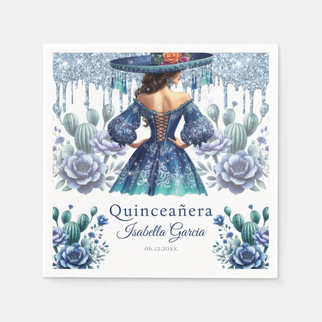 Serviette En Papier Quinceañera Aquarelle bleue Mexicaine fille mexica (Devant)