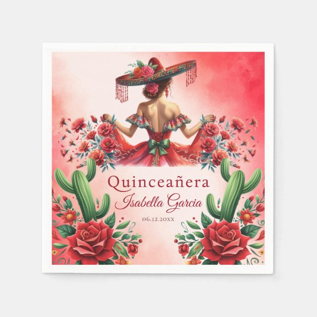 Serviette En Papier Quinceañera Aquarelle rouge Mexicaine fille mexica (Devant)