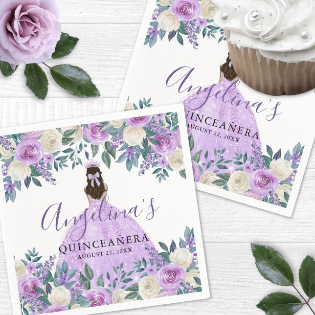 Serviette En Papier Quinceanera blanc floral (Floral White Purple Quinceanera Napkins)