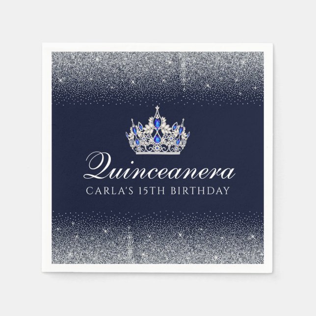 Serviette En Papier Quinceanera bleu et Parties scintillant (Devant)